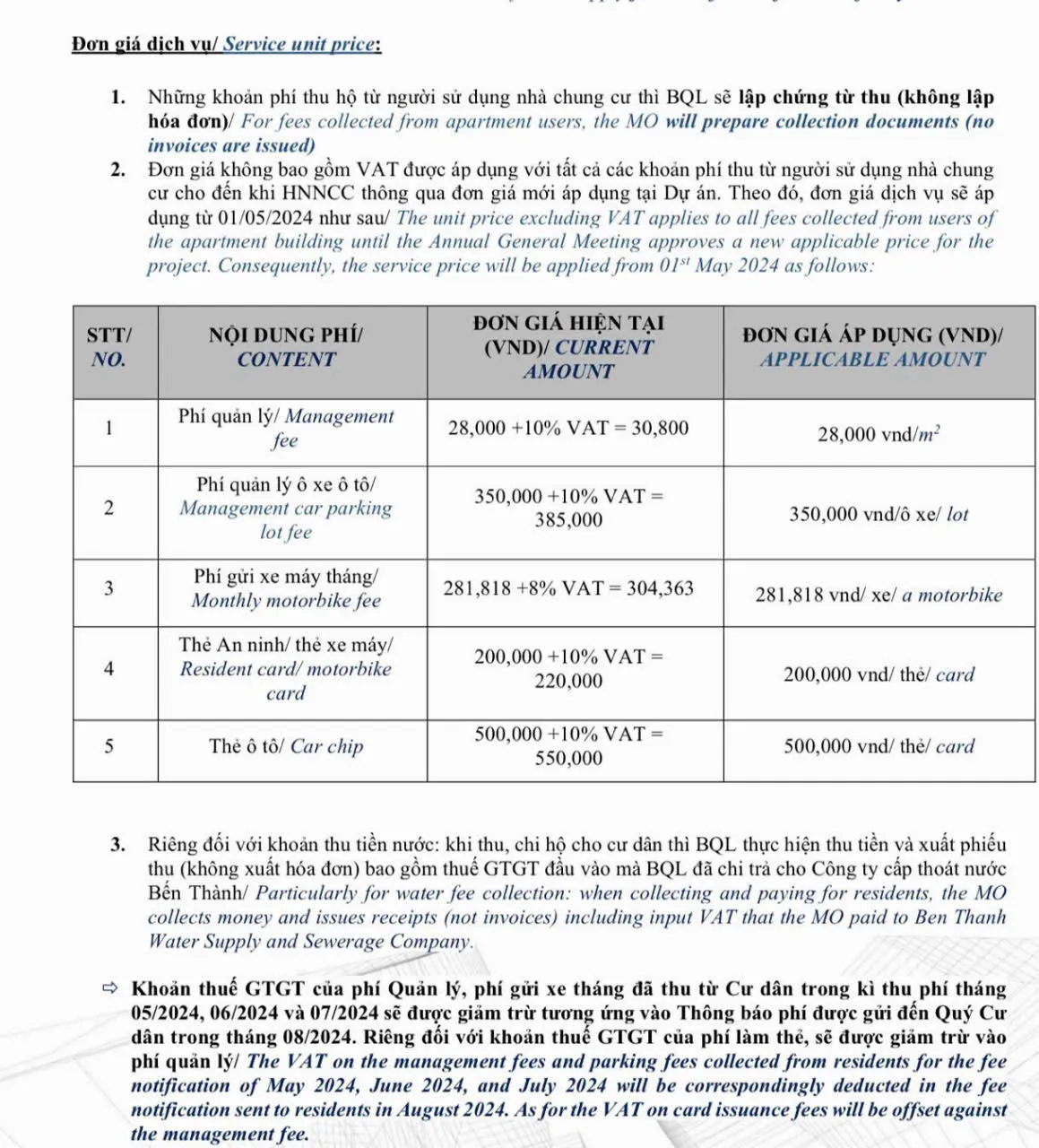 Chi tiết biểu phí dịch vụ The Marq Quận 1 - Phí quản lý & phí gửi xe